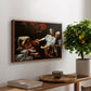 Judith Beheading Holofernes, c. 1599 by Caravaggio, presented in a walnut floater framed canvas featuring Judith cutting off Holofernes' head as maidservant assists beside her, displayed above a hallway console table.