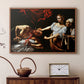 Walnut floater framed canvas featuring an intense moment of Judith slaying Holofernes with sword, displayed above a cabinet in a soft-toned living room.