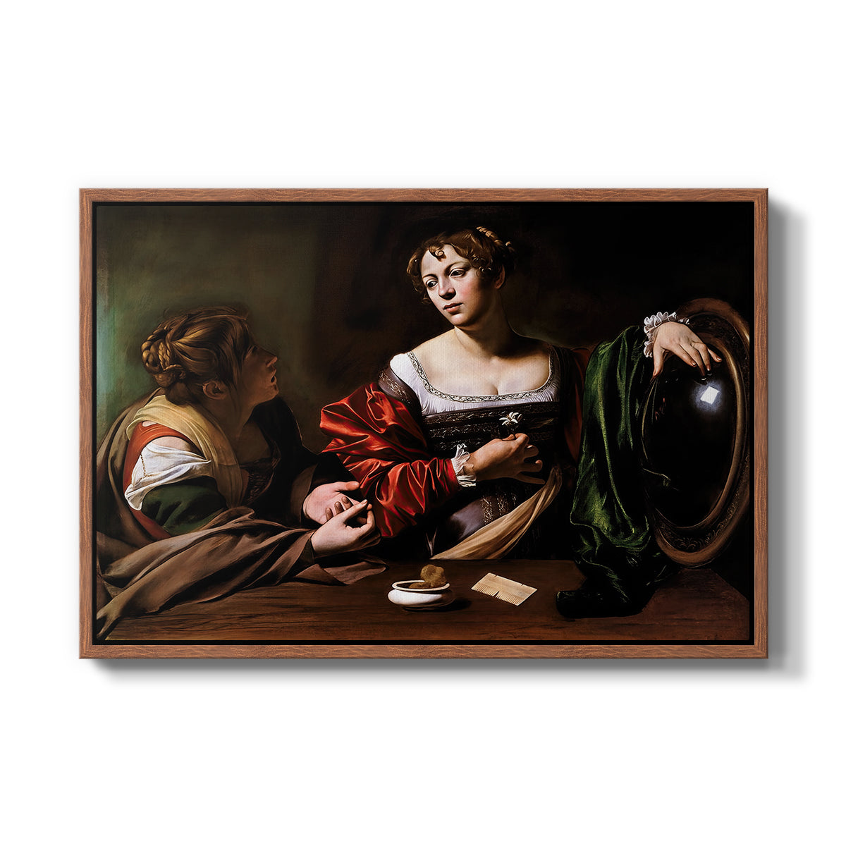 Martha and Mary Magdalene, c. 1598 by Caravaggio in a walnut floater framed canvas wall art display.