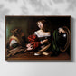 Front view of Martha and Mary Magdalene, c. 1598 by Caravaggio in a walnut floater framed canvas.