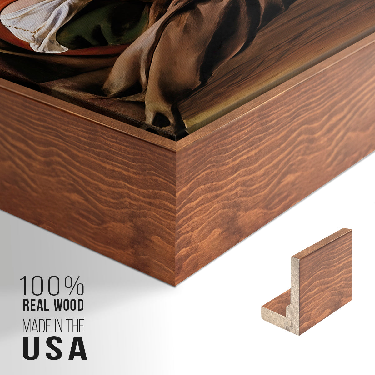 Close-up of the walnut floater frame corner and gallery wrapped canvas construction.