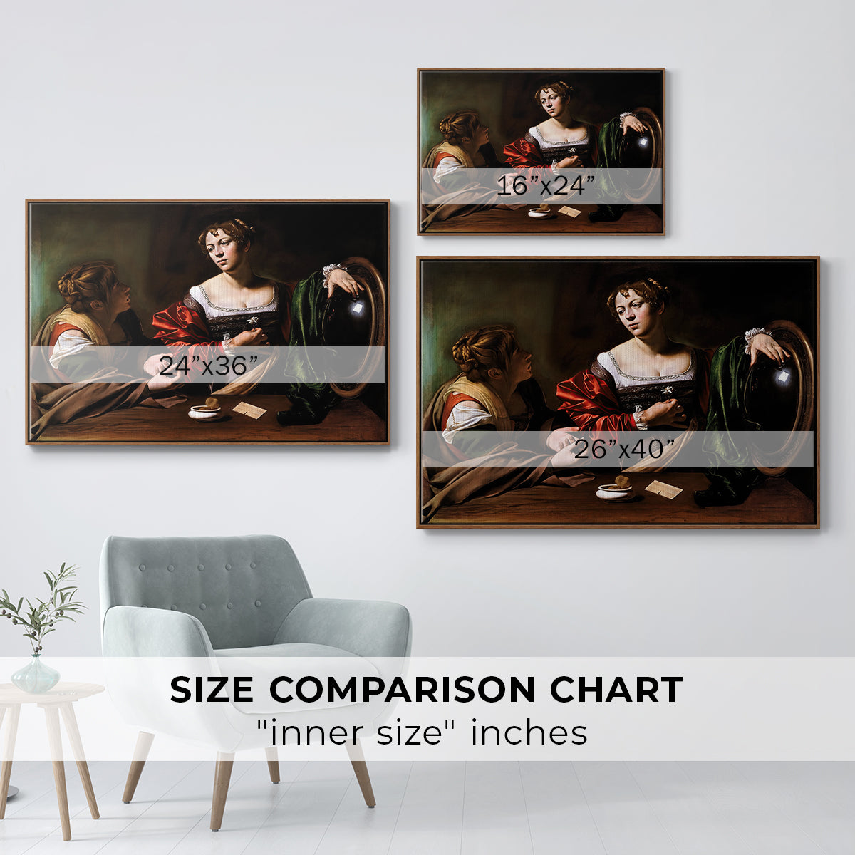 Size comparison chart for walnut floater framed canvas featuring Martha and Mary Magdalene, c. 1598 by Caravaggio.