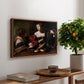 Martha and Mary Magdalene, c. 1598 by Caravaggio, presented in a walnut floater framed canvas featuring a two women seated together in conversation with symbolic objects on table, displayed above a hallway console table.