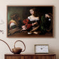 Walnut floater framed canvas featuring an intimate interaction between two women with mirror and objects, displayed above a cabinet in a soft-toned living room.