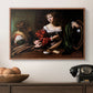 Martha and Mary Magdalene, c. 1598 by Caravaggio in a walnut floater framed canvas displayed above a console table in a hallway, featuring a religious interior scene with figures engaged in thoughtful dialogue.