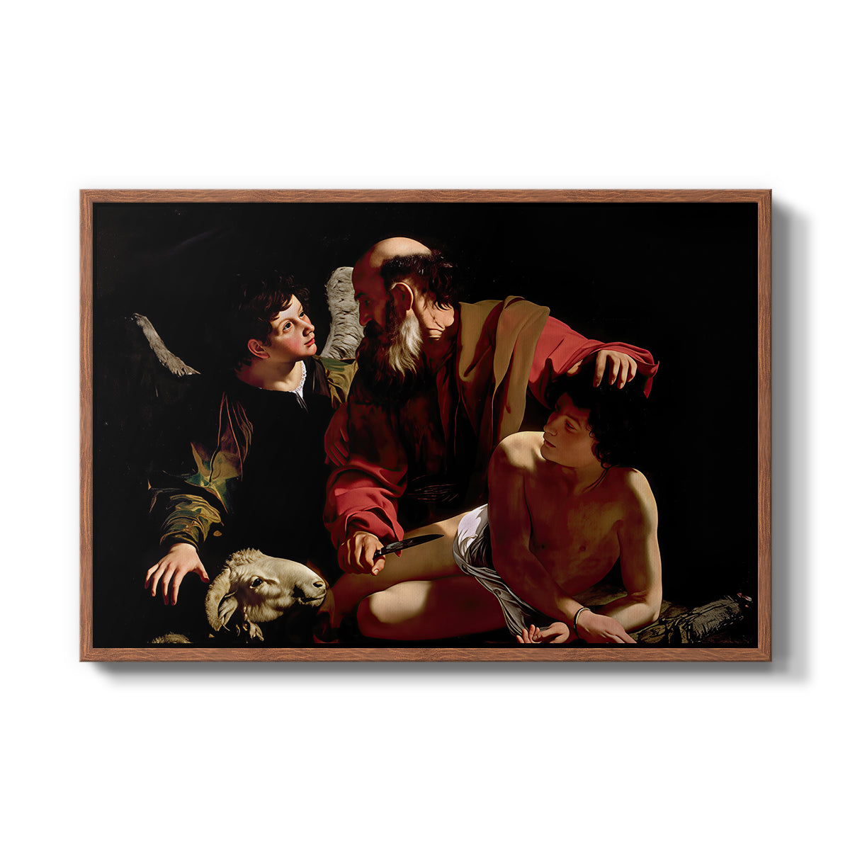 The Sacrifice of Isaac (Uffizi Version), c. 1603 by Caravaggio in a walnut floater framed canvas wall art display.