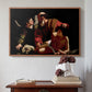 Walnut floater framed canvas featuring The Sacrifice of Isaac (Uffizi Version), c. 1603 by Caravaggio above an entryway table in a minimalist foyer.