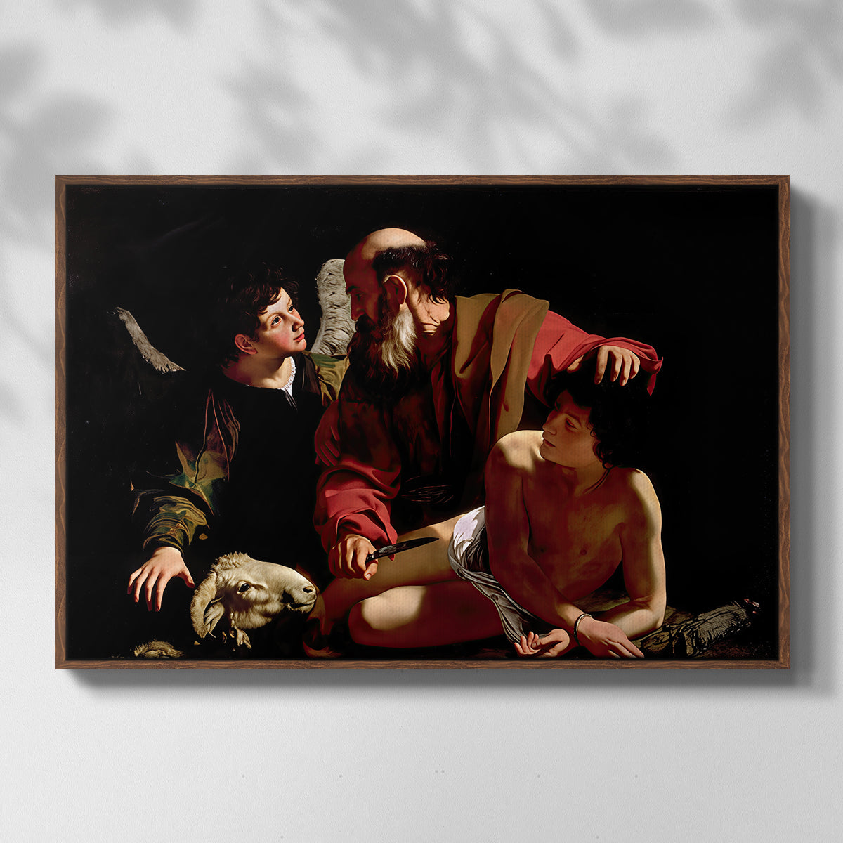 Front view of The Sacrifice of Isaac (Uffizi Version), c. 1603 by Caravaggio in a walnut floater framed canvas.