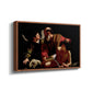 Angled view of The Sacrifice of Isaac (Uffizi Version), c. 1603 by Caravaggio in a walnut floater framed canvas.