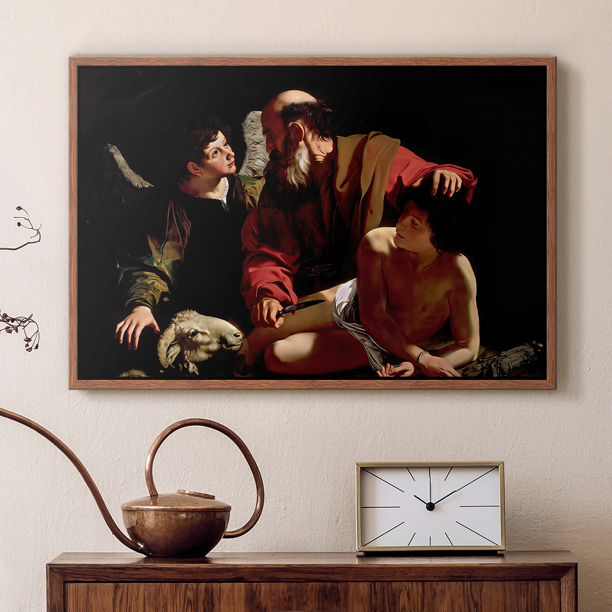 Walnut floater framed canvas featuring a dramatic moment of divine intervention during sacrifice of Isaac, displayed above a cabinet in a soft-toned living room.