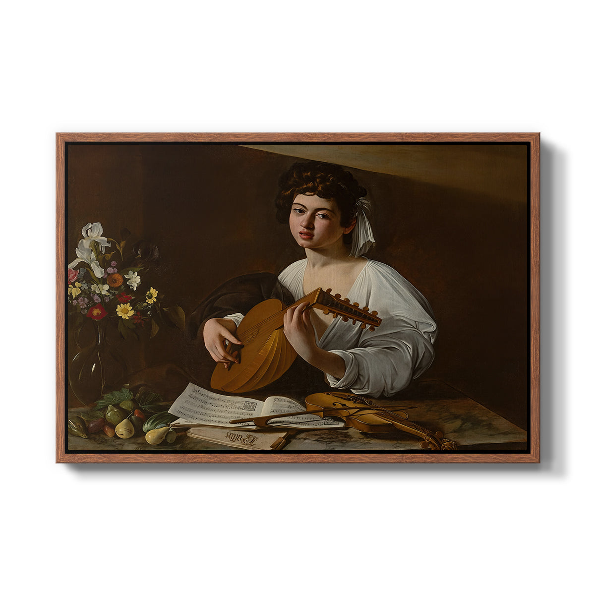 The Lute Player (Hermitage Version), c. 1596 by Caravaggio in a walnut floater framed canvas wall art display.