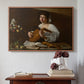 Walnut floater framed canvas featuring The Lute Player (Hermitage Version), c. 1596 by Caravaggio above an entryway table in a minimalist foyer.