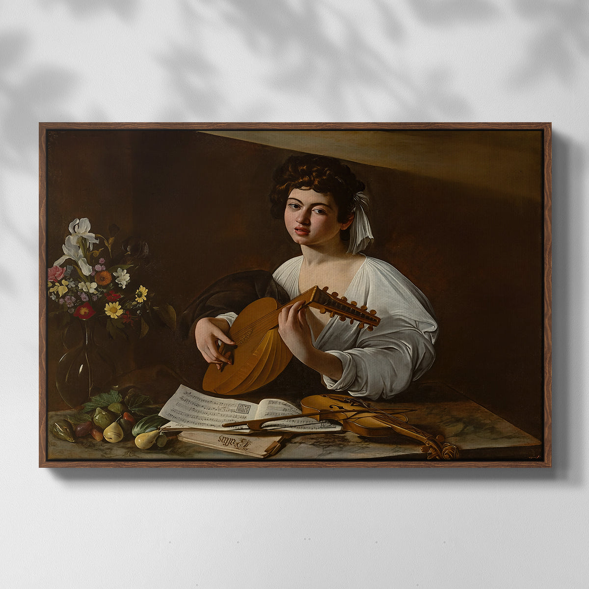 Front view of The Lute Player (Hermitage Version), c. 1596 by Caravaggio in a walnut floater framed canvas.