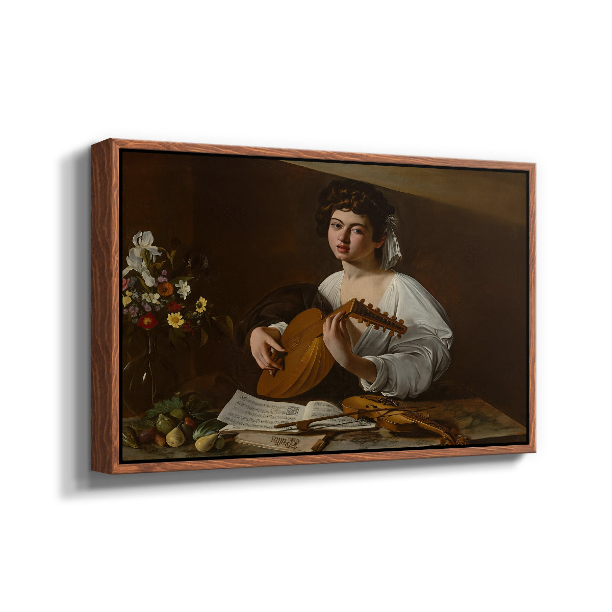 Angled view of The Lute Player (Hermitage Version), c. 1596 by Caravaggio in a walnut floater framed canvas.