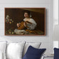 The Lute Player (Hermitage Version), c. 1596 by Caravaggio displayed above a sofa in a living room in a walnut floater frame, featuring a portrait of lute player surrounded by still life arrangement.