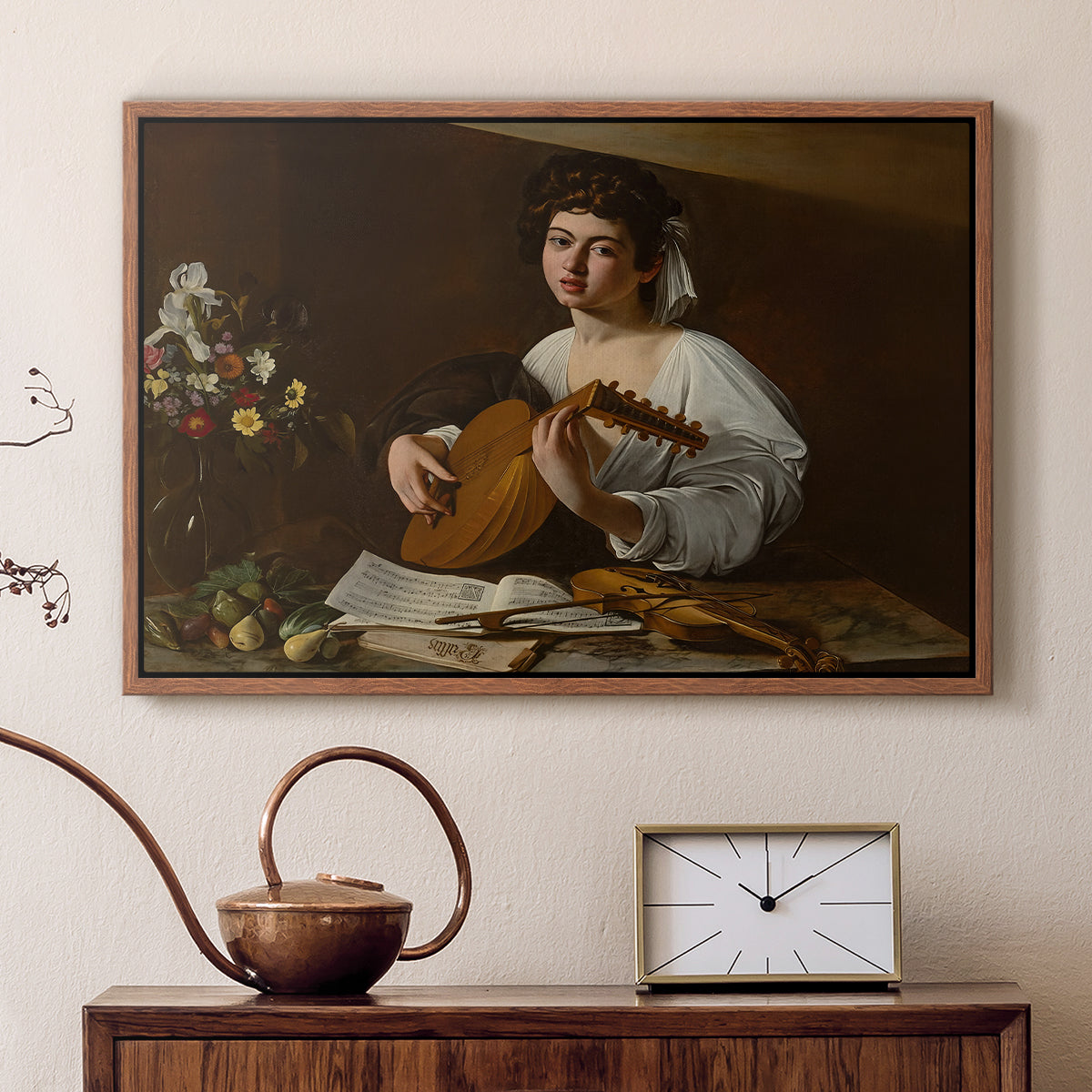 Walnut floater framed canvas featuring an intimate musical scene with instrument and decorative objects, displayed above a cabinet in a soft-toned living room.