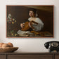 The Lute Player (Hermitage Version), c. 1596 by Caravaggio in a walnut floater framed canvas displayed above a console table in a hallway, featuring a Baroque depiction of musician with detailed textures and lighting.