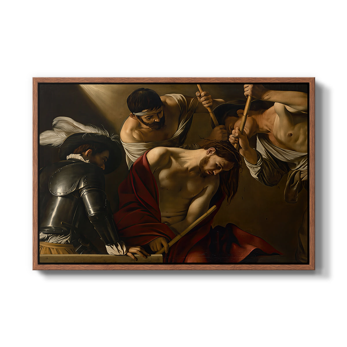 The Crowning with Thorns (Vienna Version), c. 1602-1604 by Caravaggio in a walnut floater framed canvas wall art display.