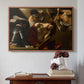 Walnut floater framed canvas featuring The Crowning with Thorns (Vienna Version), c. 1602-1604 by Caravaggio above an entryway table in a minimalist foyer.