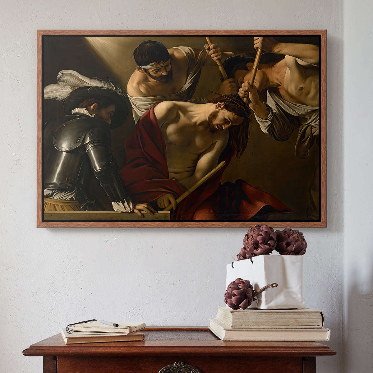 Walnut floater framed canvas featuring The Crowning with Thorns (Vienna Version), c. 1602-1604 by Caravaggio above an entryway table in a minimalist foyer.