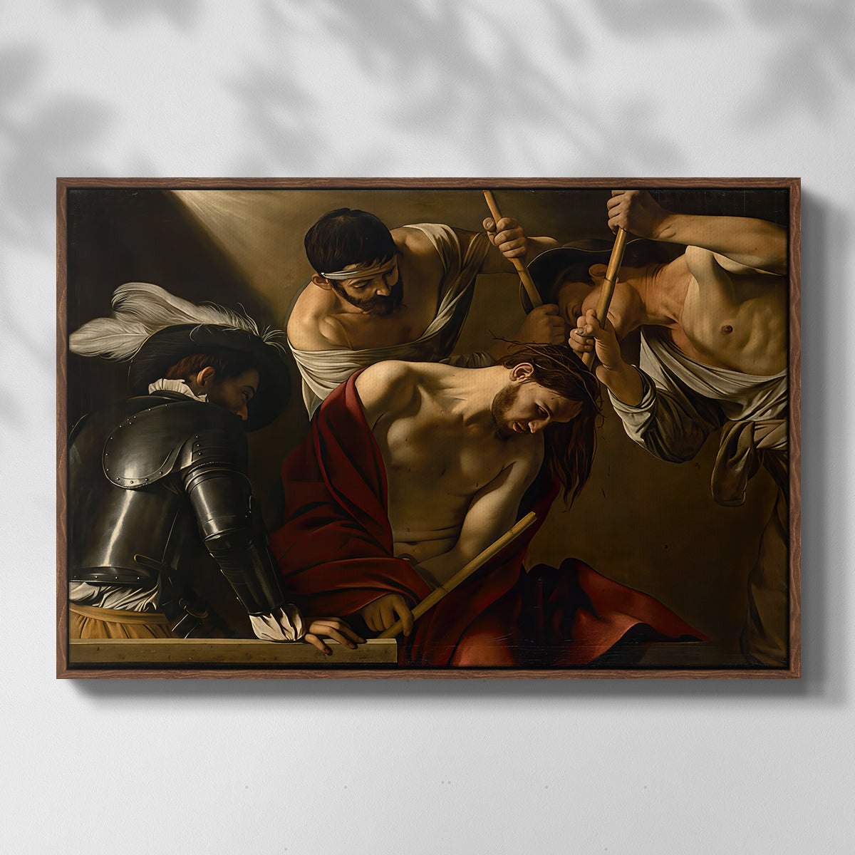Front view of The Crowning with Thorns (Vienna Version), c. 1602-1604 by Caravaggio in a walnut floater framed canvas.