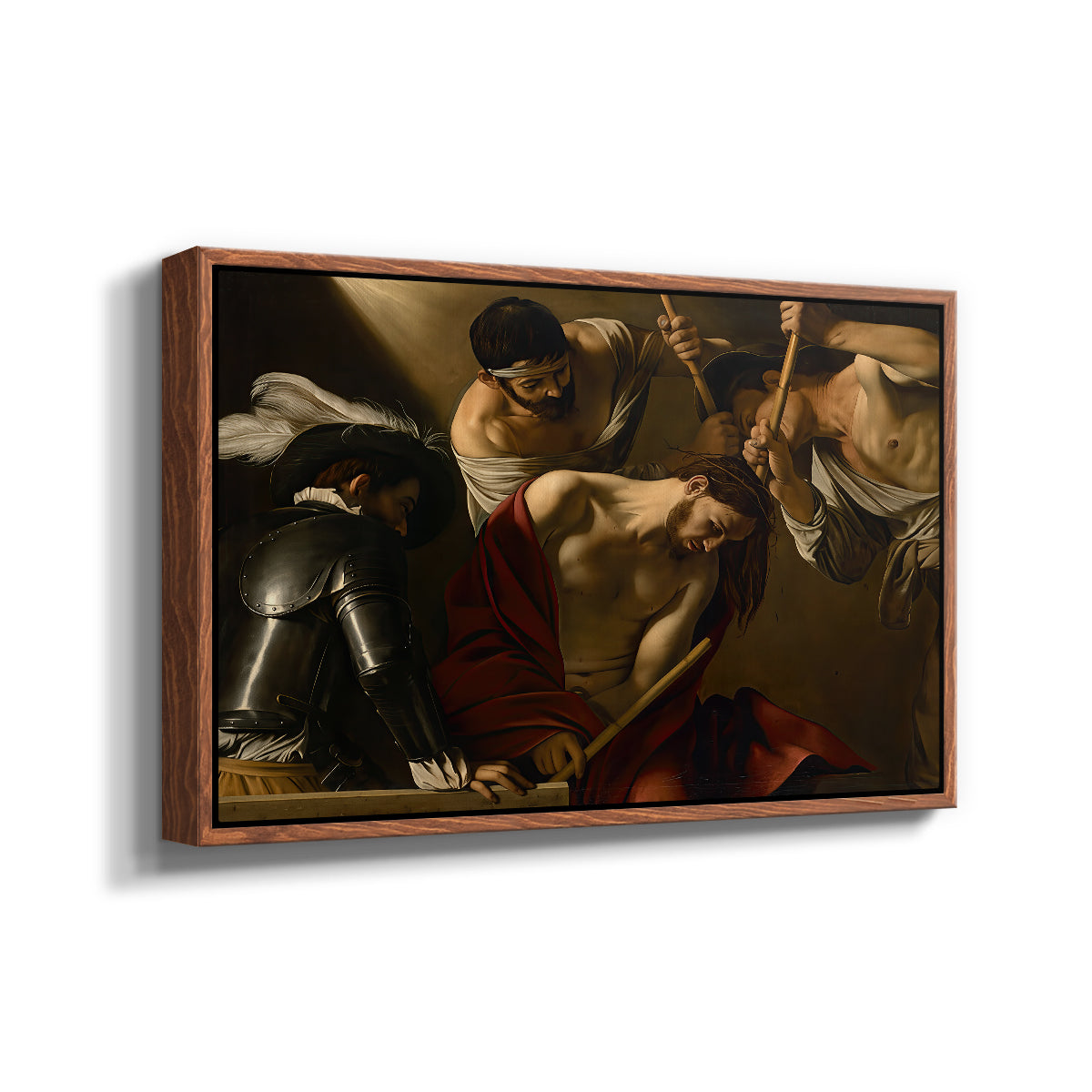 Angled view of The Crowning with Thorns (Vienna Version), c. 1602-1604 by Caravaggio in a walnut floater framed canvas.