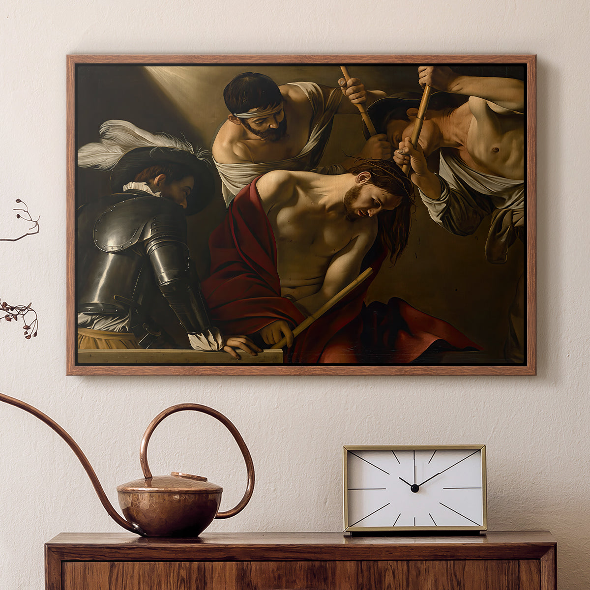 Walnut floater framed canvas featuring a dramatic depiction of figures forcing thorn crown onto Christ, displayed above a cabinet in a soft-toned living room.