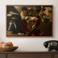 The Crowning with Thorns (Vienna Version), c. 1602-1604 by Caravaggio in a walnut floater framed canvas displayed above a console table in a hallway, featuring an intense religious composition with strong shadow and physical struggle.