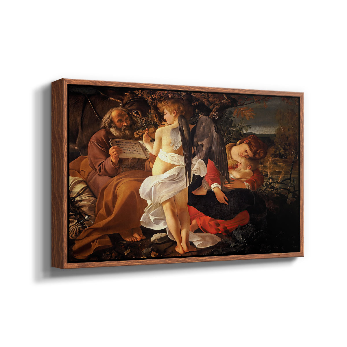Angled view of Rest on the Flight into Egypt, c. 1597 by Caravaggio in a walnut floater framed canvas.