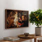 Rest on the Flight into Egypt, c. 1597 by Caravaggio, presented in a walnut floater framed canvas featuring the Holy Family resting in landscape with angel playing violin, displayed above a hallway console table.