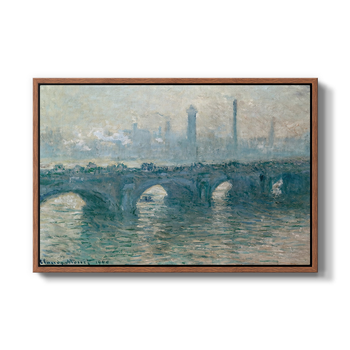 Waterloo Bridge, Gray Weather, 1900 by Claude Monet in a walnut floater framed canvas wall art display.