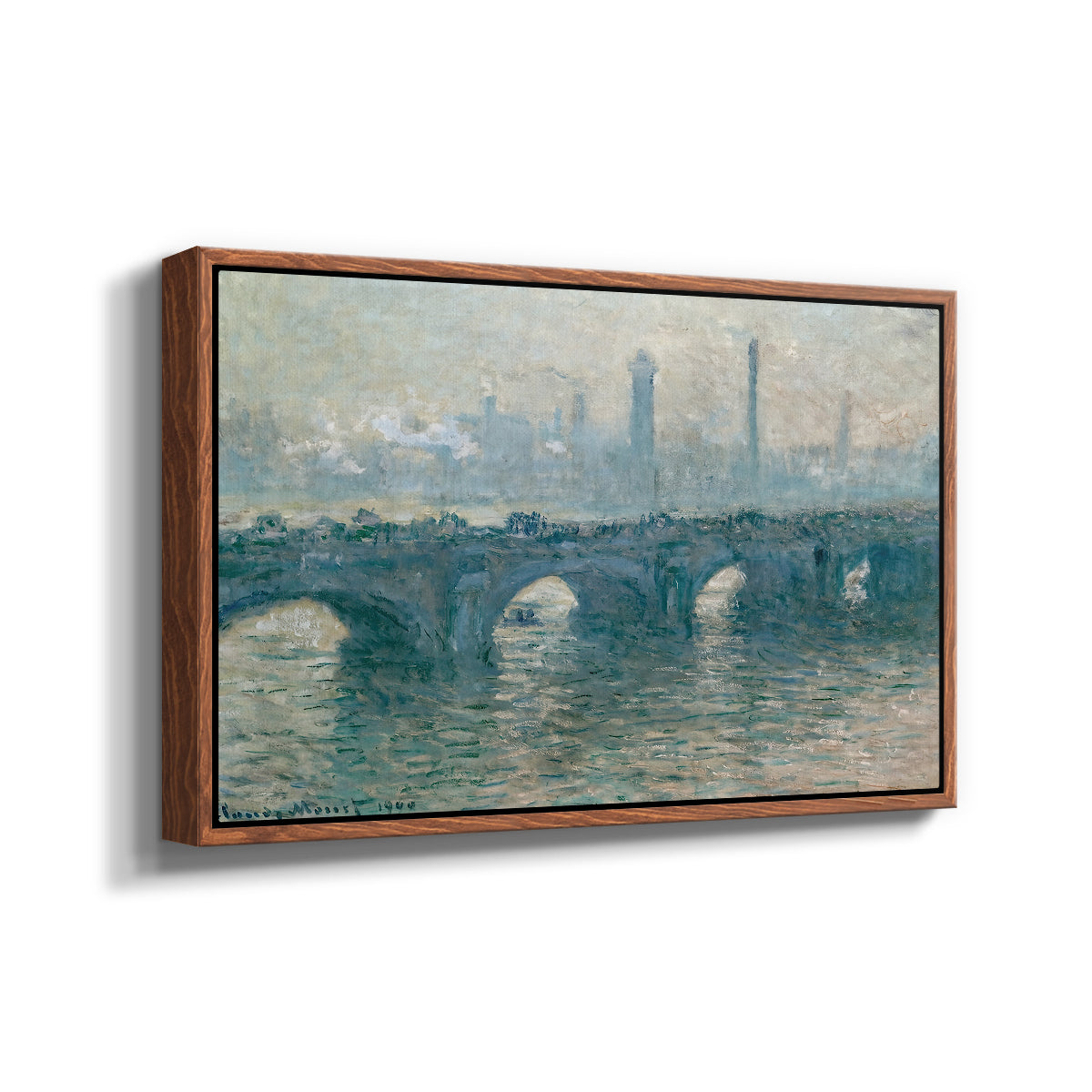 Angled view of Waterloo Bridge, Gray Weather, 1900 by Claude Monet in a walnut floater framed canvas.
