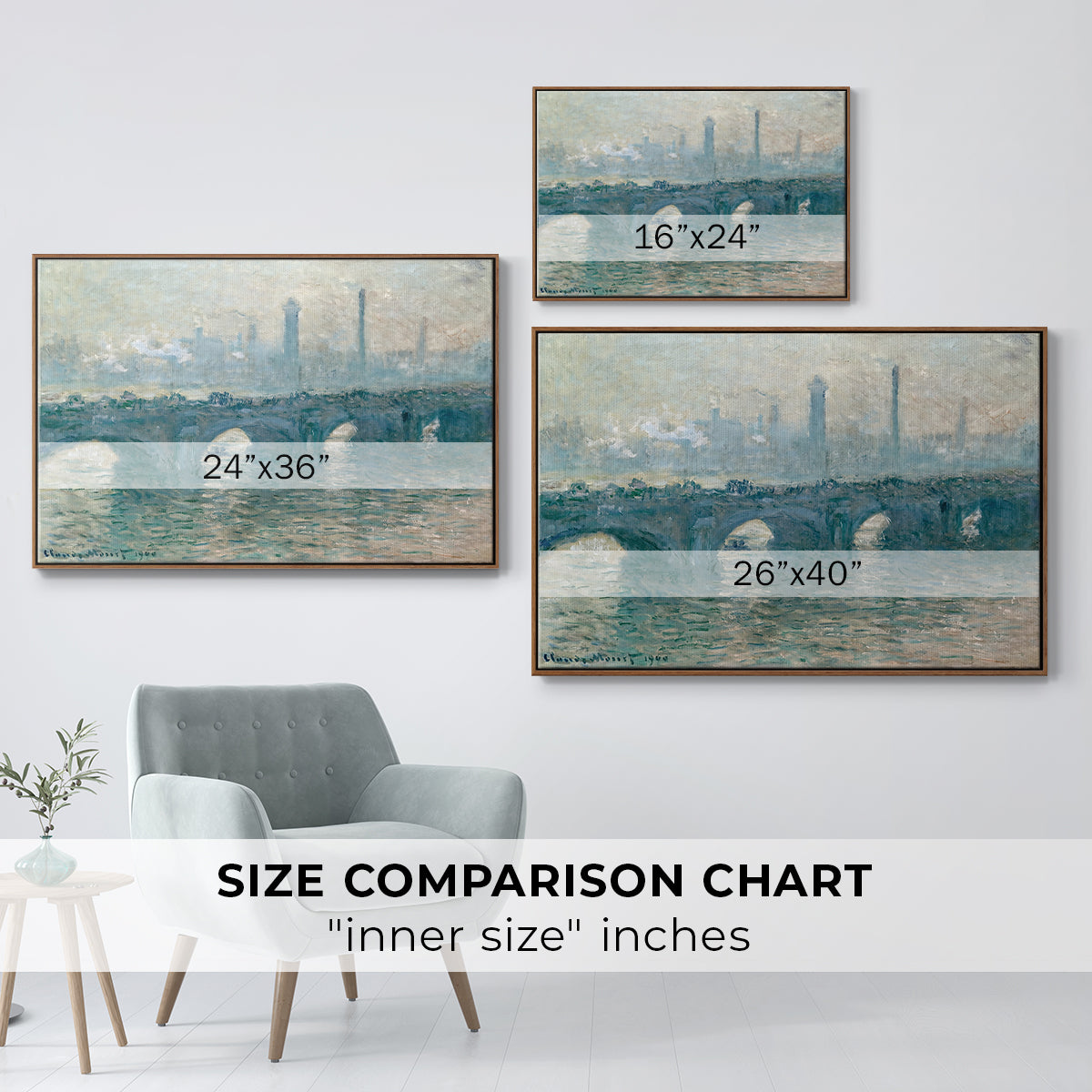 Size comparison chart for walnut floater framed canvas featuring Waterloo Bridge, Gray Weather, 1900 by Claude Monet.