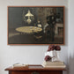 Walnut floater framed canvas featuring Interior, after Dinner, 1868-1869 by Claude Monet above an entryway table in a minimalist foyer.