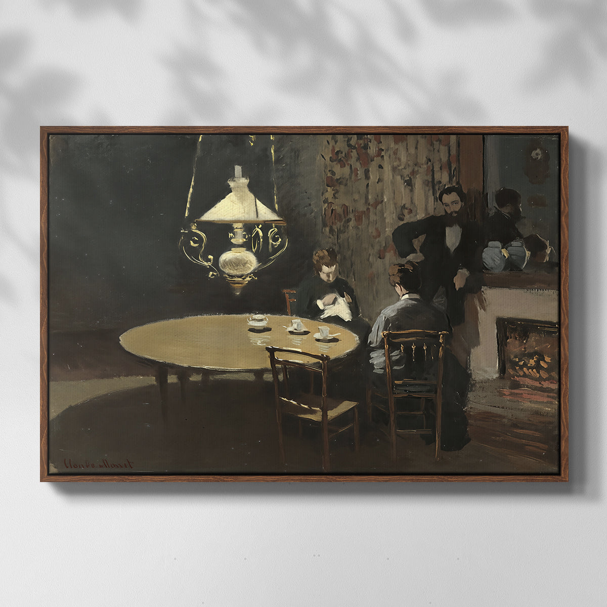 Front view of Interior, after Dinner, 1868-1869 by Claude Monet in a walnut floater framed canvas.