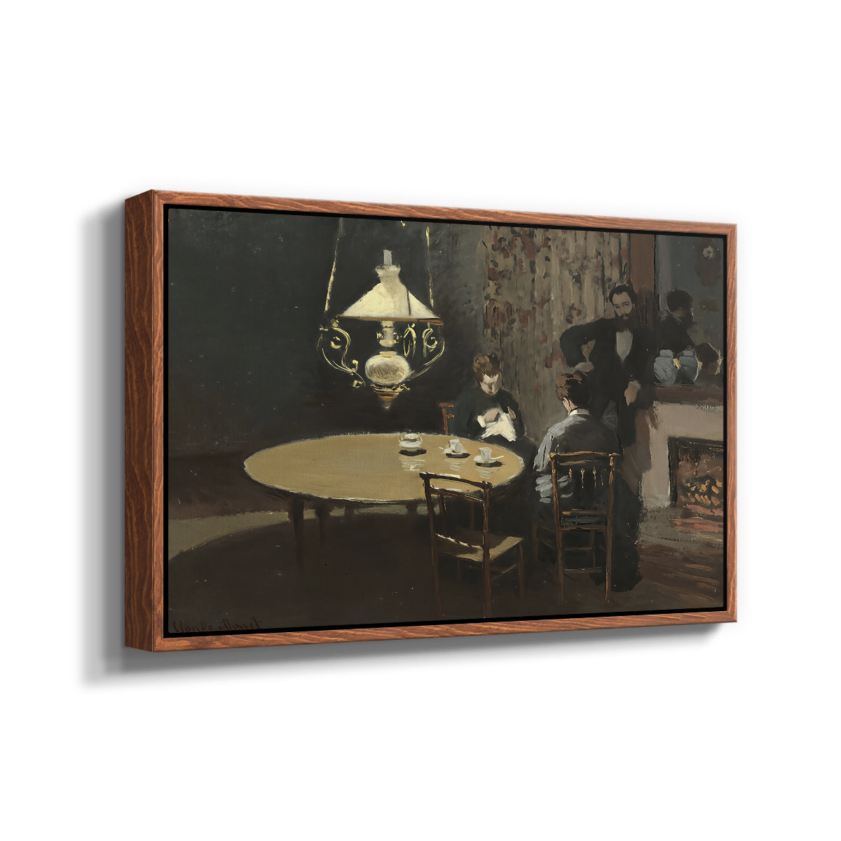 Angled view of Interior, after Dinner, 1868-1869 by Claude Monet in a walnut floater framed canvas.
