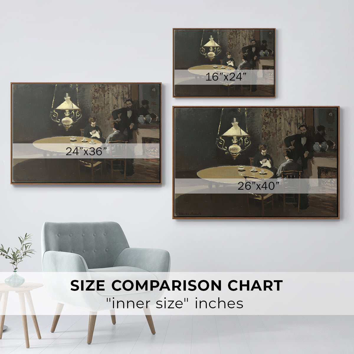Size comparison chart for walnut floater framed canvas featuring Interior, after Dinner, 1868-1869 by Claude Monet.