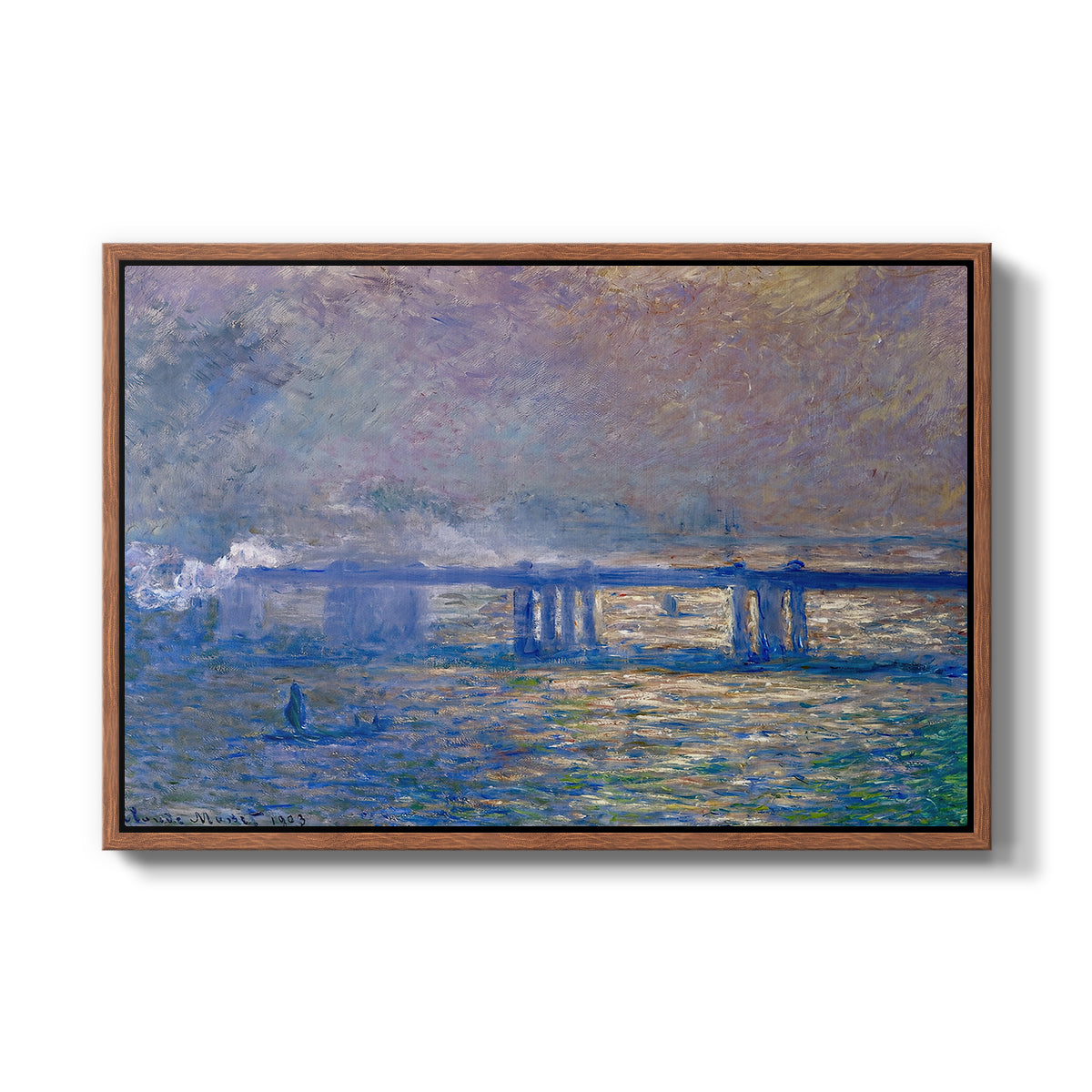Charing Cross Bridge, 1903 by Claude Monet in a walnut floater framed canvas wall art display.