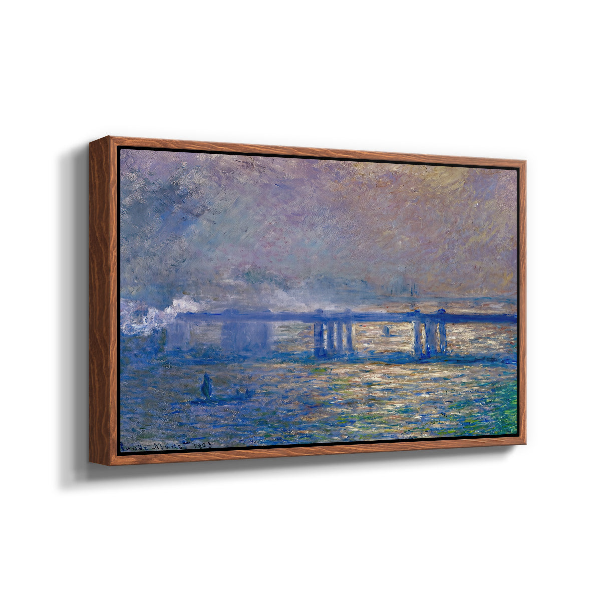 Angled view of Charing Cross Bridge, 1903 by Claude Monet in a walnut floater framed canvas.