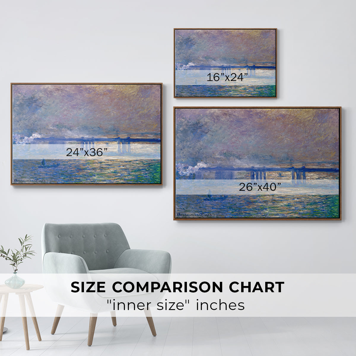 Size comparison chart for walnut floater framed canvas featuring Charing Cross Bridge, 1903 by Claude Monet.