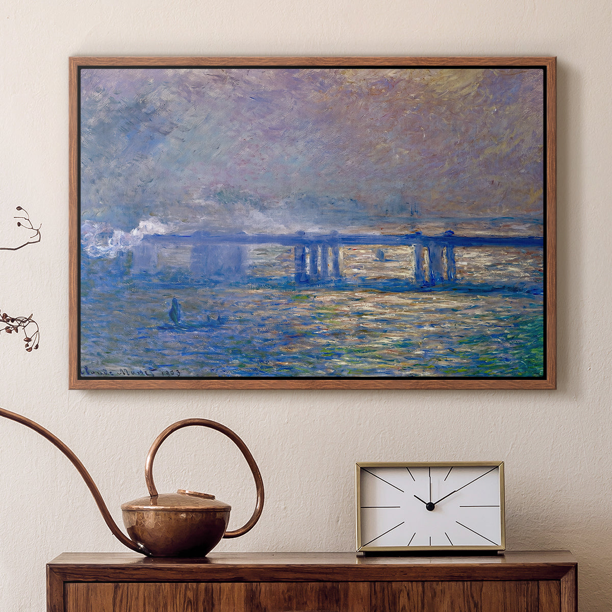 Walnut floater framed canvas featuring an atmospheric depiction of London bridge with reflections in water, displayed above a cabinet in a soft-toned living room.