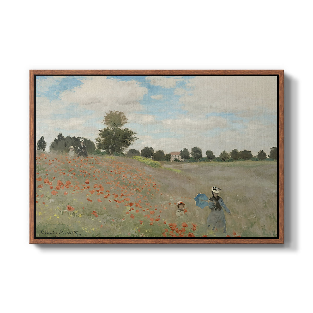 The Poppy Field near Argenteuil, 1873 by Claude Monet in a walnut floater framed canvas wall art display.