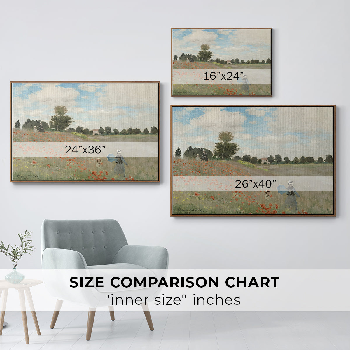 Size comparison chart for walnut floater framed canvas featuring The Poppy Field near Argenteuil, 1873 by Claude Monet.