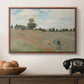The Poppy Field near Argenteuil, 1873 by Claude Monet in a walnut floater framed canvas displayed above a console table in a hallway, featuring a rural landscape with scattered figures among blooming flowers.