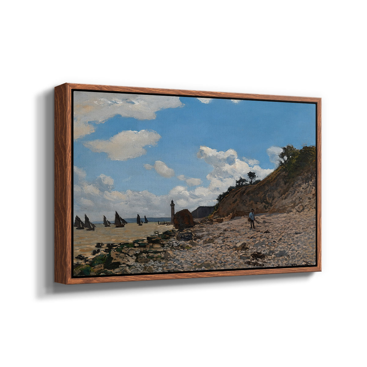 Angled view of The Beach at Honfleur, 1864 by Claude Monet in a walnut floater framed canvas.