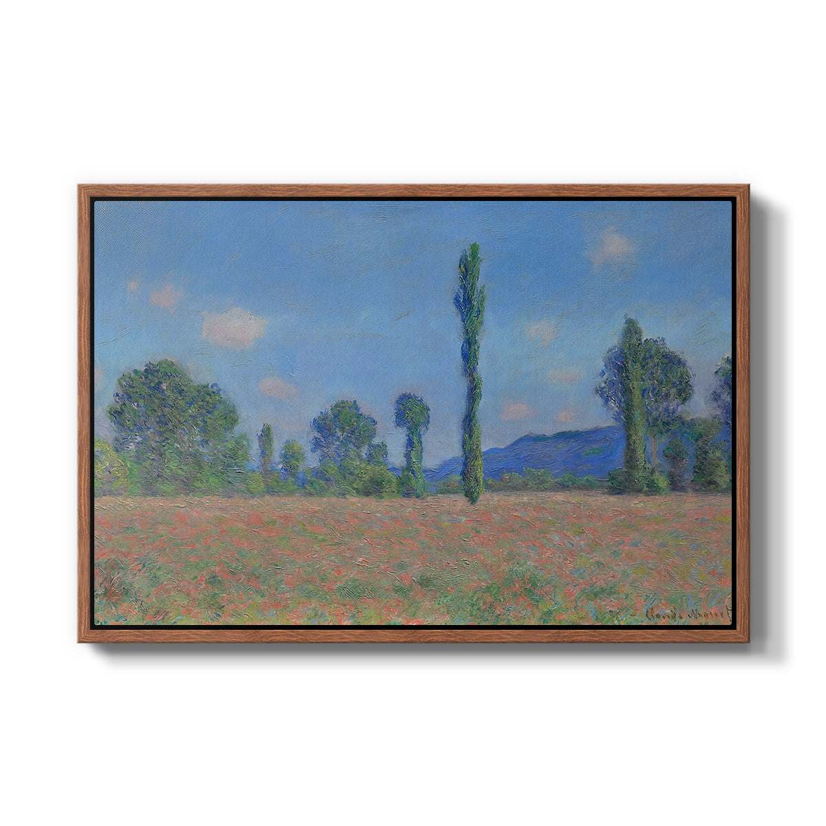 Poppy Field (Giverny), 1890-1891 by Claude Monet in a walnut floater framed canvas wall art display.