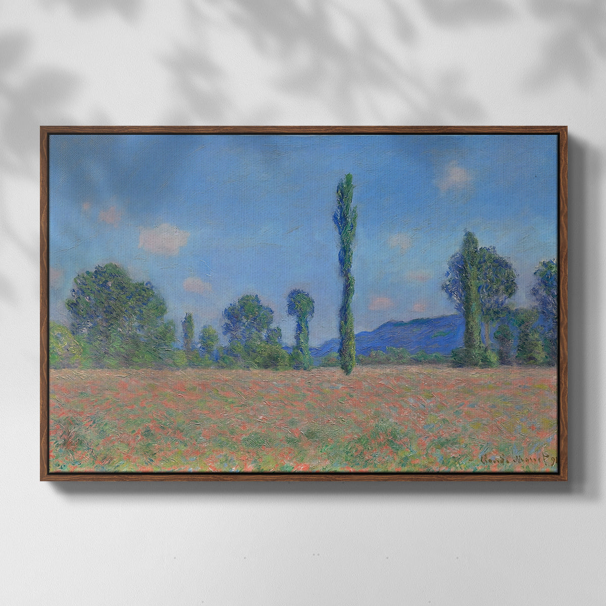 Front view of Poppy Field (Giverny), 1890-1891 by Claude Monet in a walnut floater framed canvas.