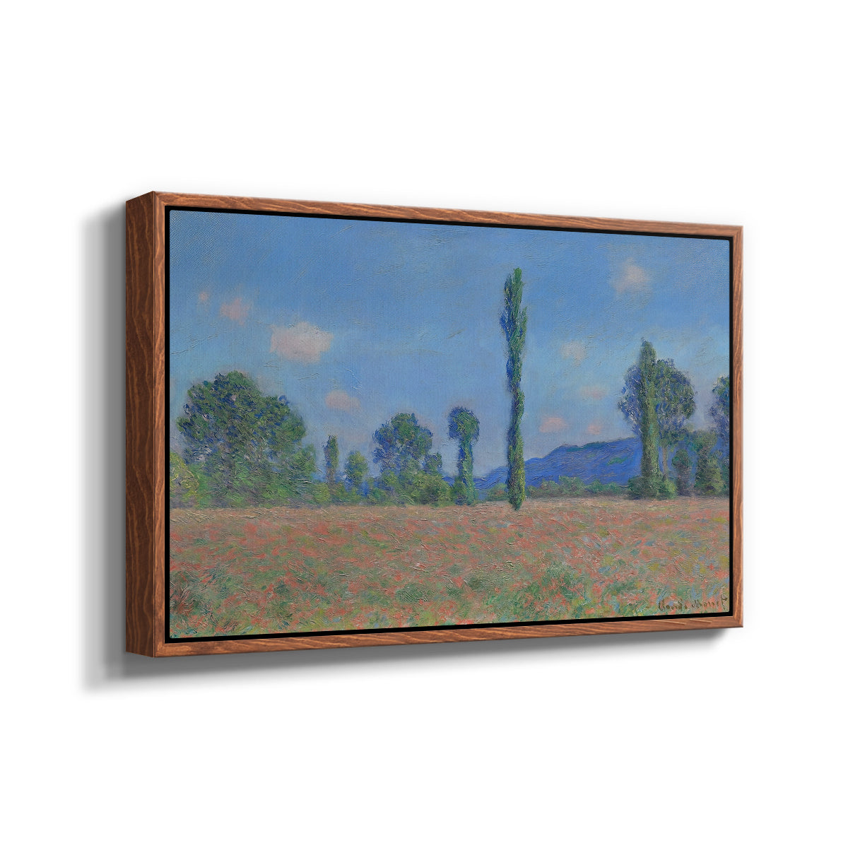 Angled view of Poppy Field (Giverny), 1890-1891 by Claude Monet in a walnut floater framed canvas.