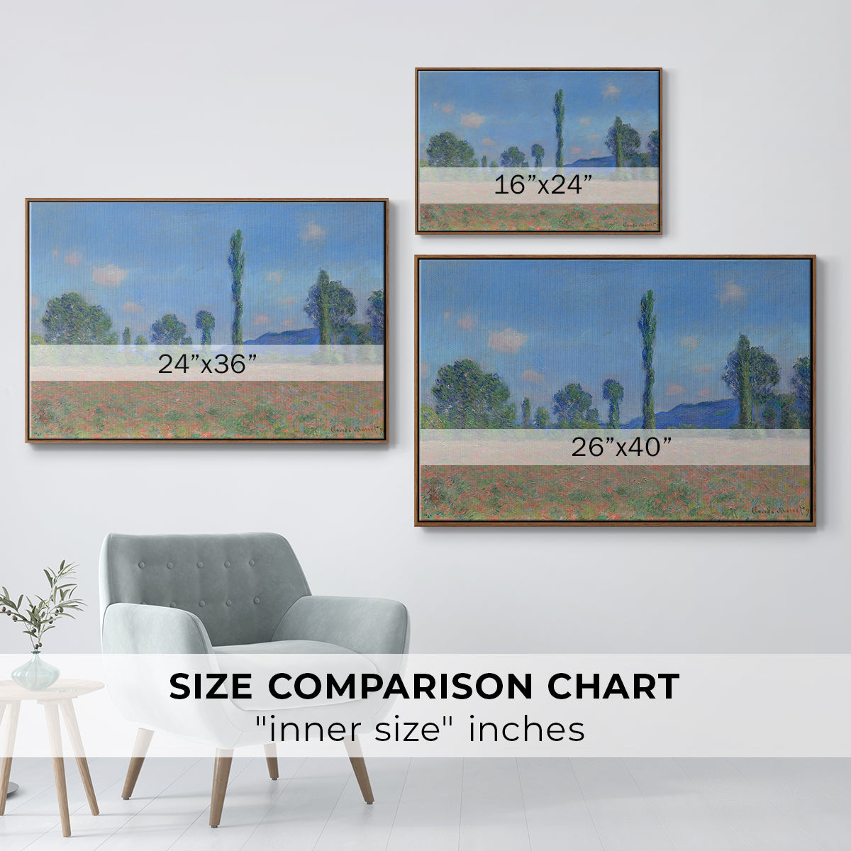 Size comparison chart for walnut floater framed canvas featuring Poppy Field (Giverny), 1890-1891 by Claude Monet.