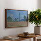 Poppy Field (Giverny), 1890-1891 by Claude Monet, presented in a walnut floater framed canvas featuring an expansive field of red poppies with tall trees under blue sky, displayed above a hallway console table.